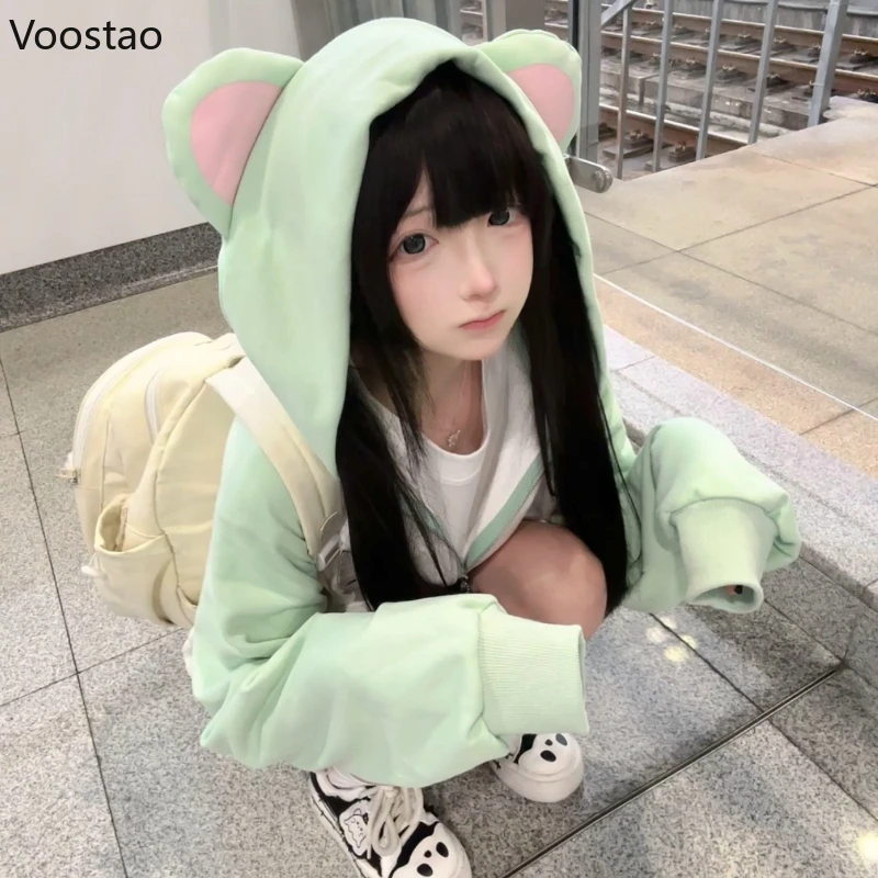 اليابانية Kawaii لوليتا سستة هوديس المرأة الحلو الدب آذان مقنعين معاطف الخريف الجرونج هودي Y2k التطريز فضفاض ​ ​ بلوزات