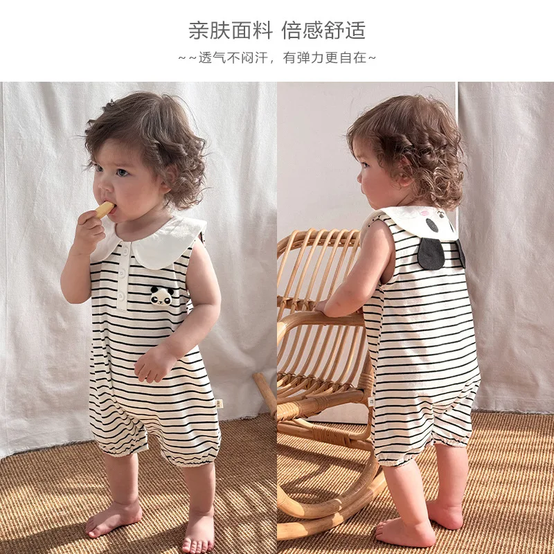 

RomperDew Infant Summer Clothing A Class Vest Onesie Panda Ears Men and Women Baby Wrapped Crawling Clothes Striped Pajamas
