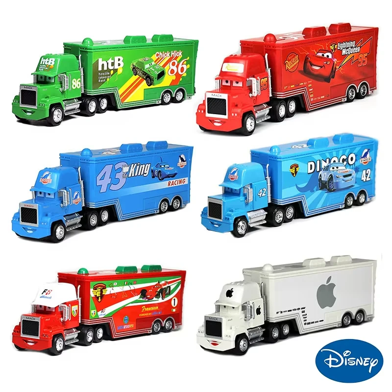 MINISO Disney Pixar Cars 3 Lightning Mcqueen camión contenedor Diecast modelo coche Flo Racing colección familiar juguetes regalos para niños