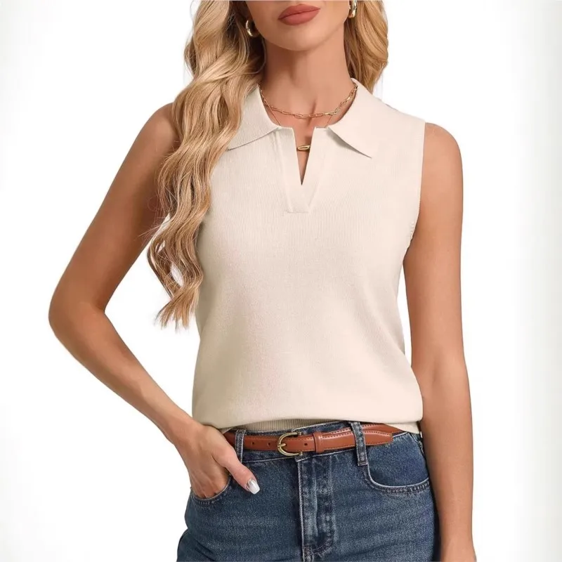2026 New Summer Women's Sleeveless Polo Collar Slim Fit Casual Fashionable Comfortable Simple And Versatile Daily Commuting Top