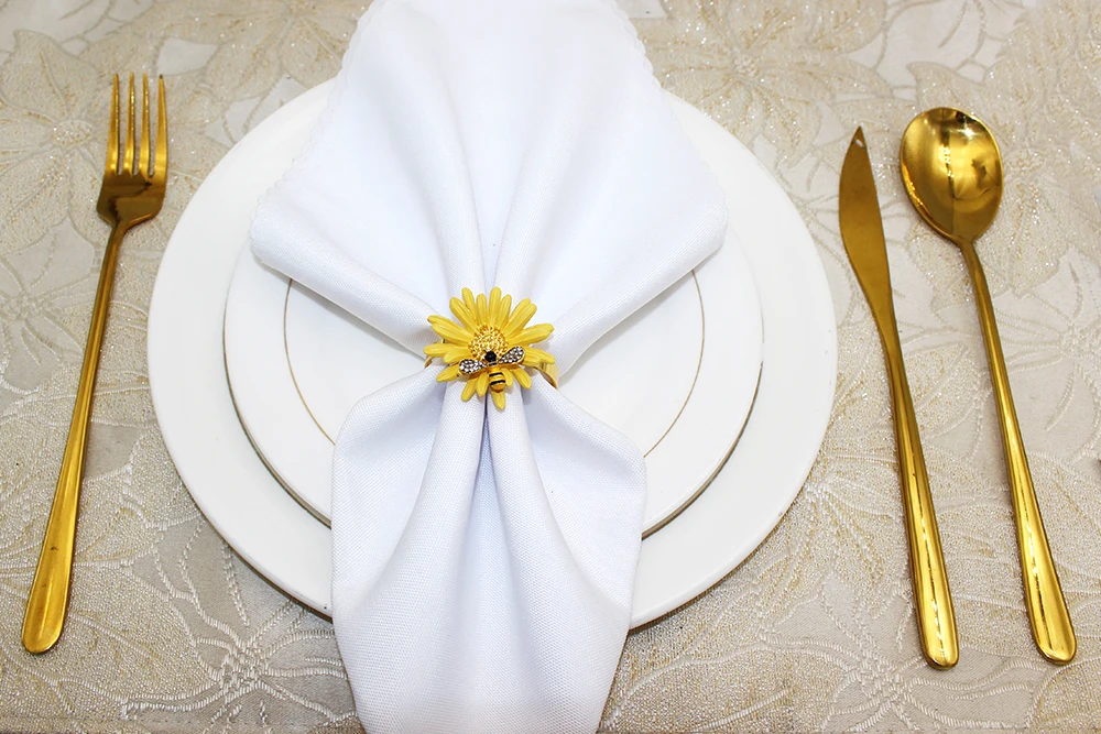 6 Stücke Blume Biene Serviettenringe Metall Gänseblümchen Blume Serviettenhalter Gold Serviettenschnallen für Hochzeit Herbst Party Home Tischdekoration ERD14 – Detail 7