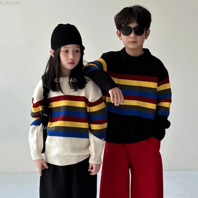 ‌Children Toddler Round Neck Pullover Casual Loose Fit Trendy Warm for Boys Girls Kids Rainbow Stripe Knit Sweater Unisex Autumn