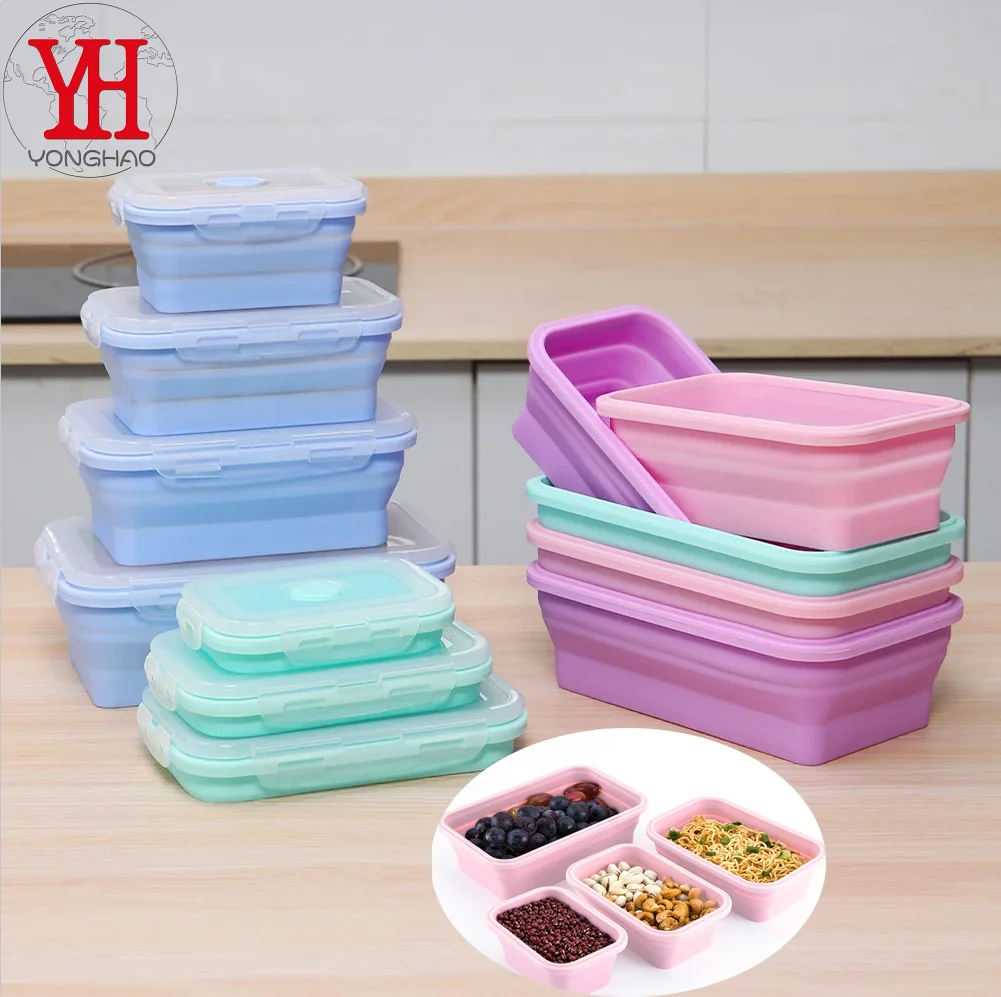 4pcs/set Silicone Rectangle Lunch Box Collapsible Bento Box Folding Food Container Bowl 300/500/800/1200ml for Dinnerware