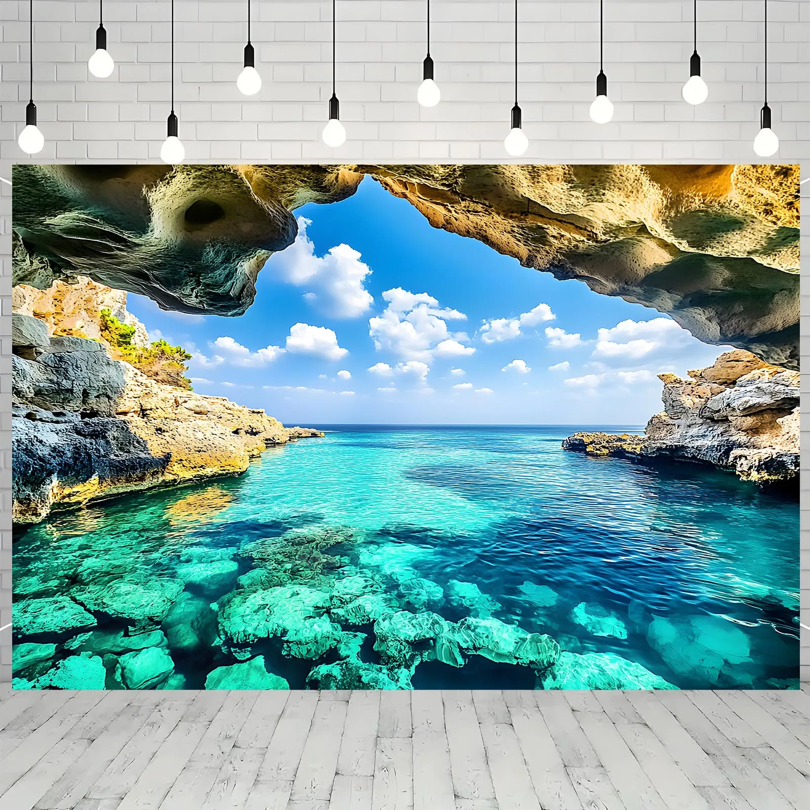قطعة واحدة من لافتة خلفية عرض كهف البحر من البوليستر، ديكور حائط متعدد الاستخدامات لكشك الصور والحفلات للاستخدام الداخلي والخارجي، لا
