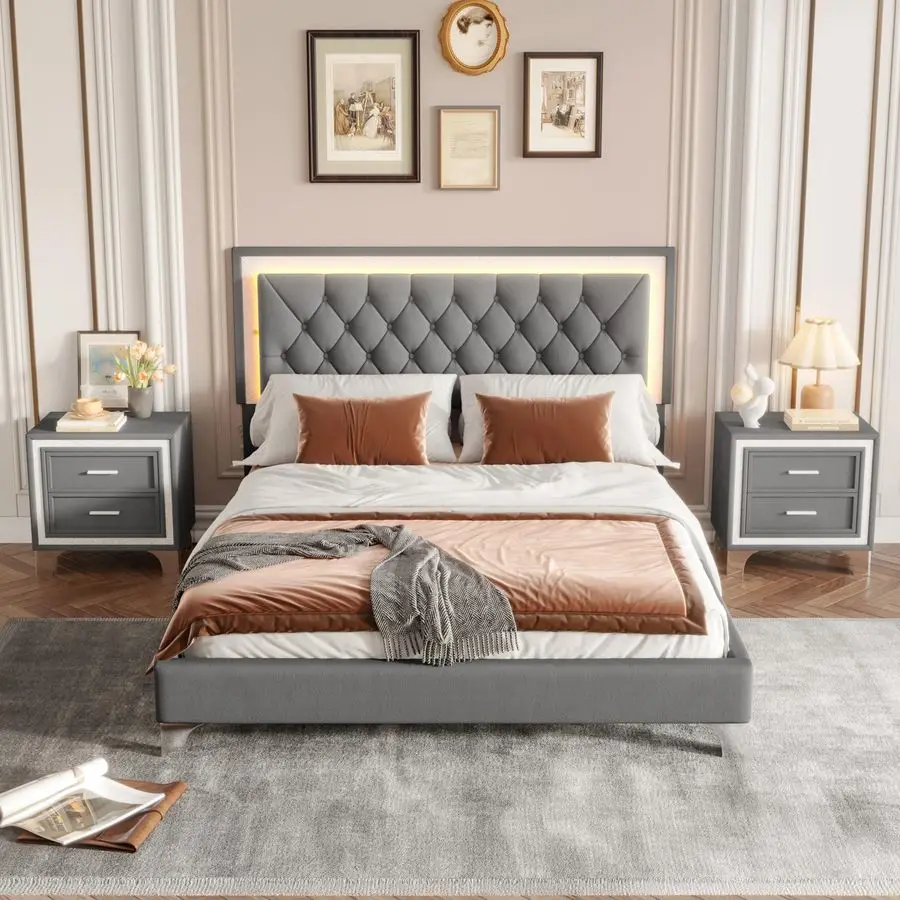 

Harper Bright Designs 3 Pieces Bedroom Sets, Farmhouse Queen Size Upholstered Platform Bed with Headboard, LED Lights and 2 Nig