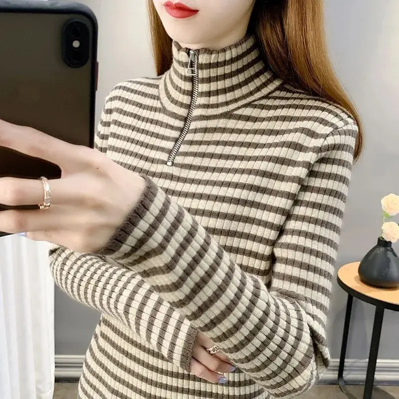 

Women's 2024 Spring/Autumn Fashion Stripe Knitted Bottom Shirt Long Sleeve Zipper Slim Fit Half High Neck Top B439