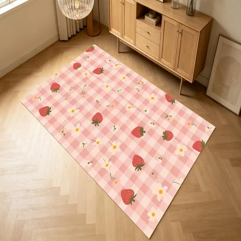 Pink White Plaid Strawberry Floral Velvet Rug