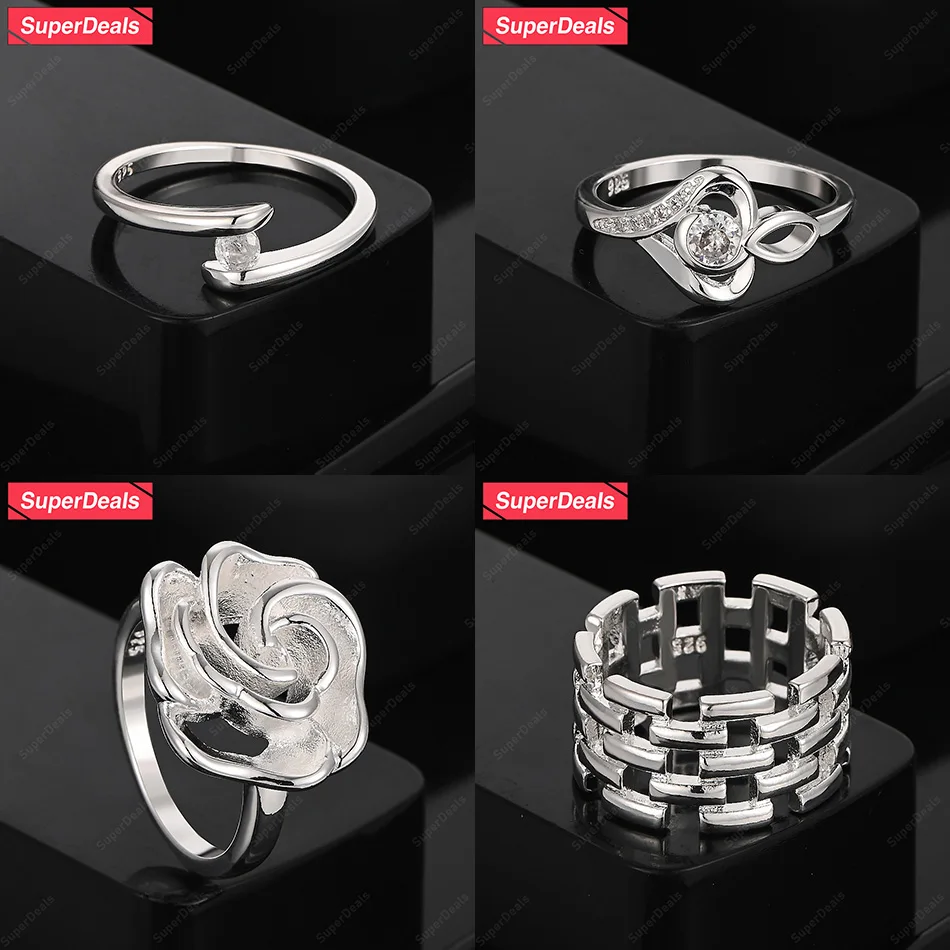

SuperDeals 925 Sterling Silver Flower Square Check Cutout Classic Zircon Round Ring Women Beautiful Jewelry Wedding Party