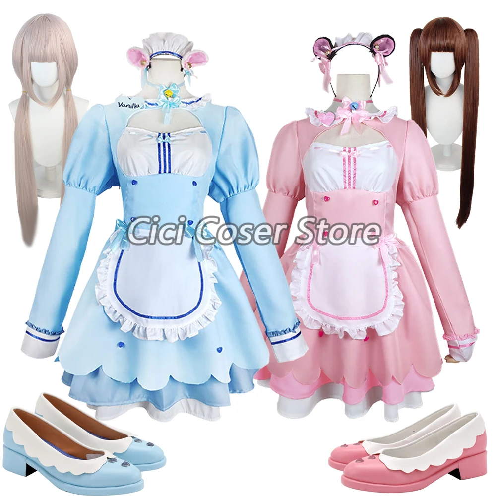 Nekopara Chocola Vanilla Cosplay Costume Wig Lolita Maid Dresses Cat Ears Tail Women Girls Halloween Party Outfits Wigs Shoes