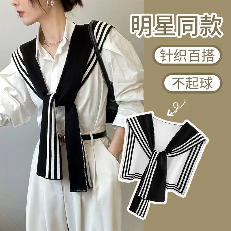 High-grade Small Shawls Women Black White Stripes Outside Shirt Spring Autumn Knit False Collar Warm Shoulder 24W003