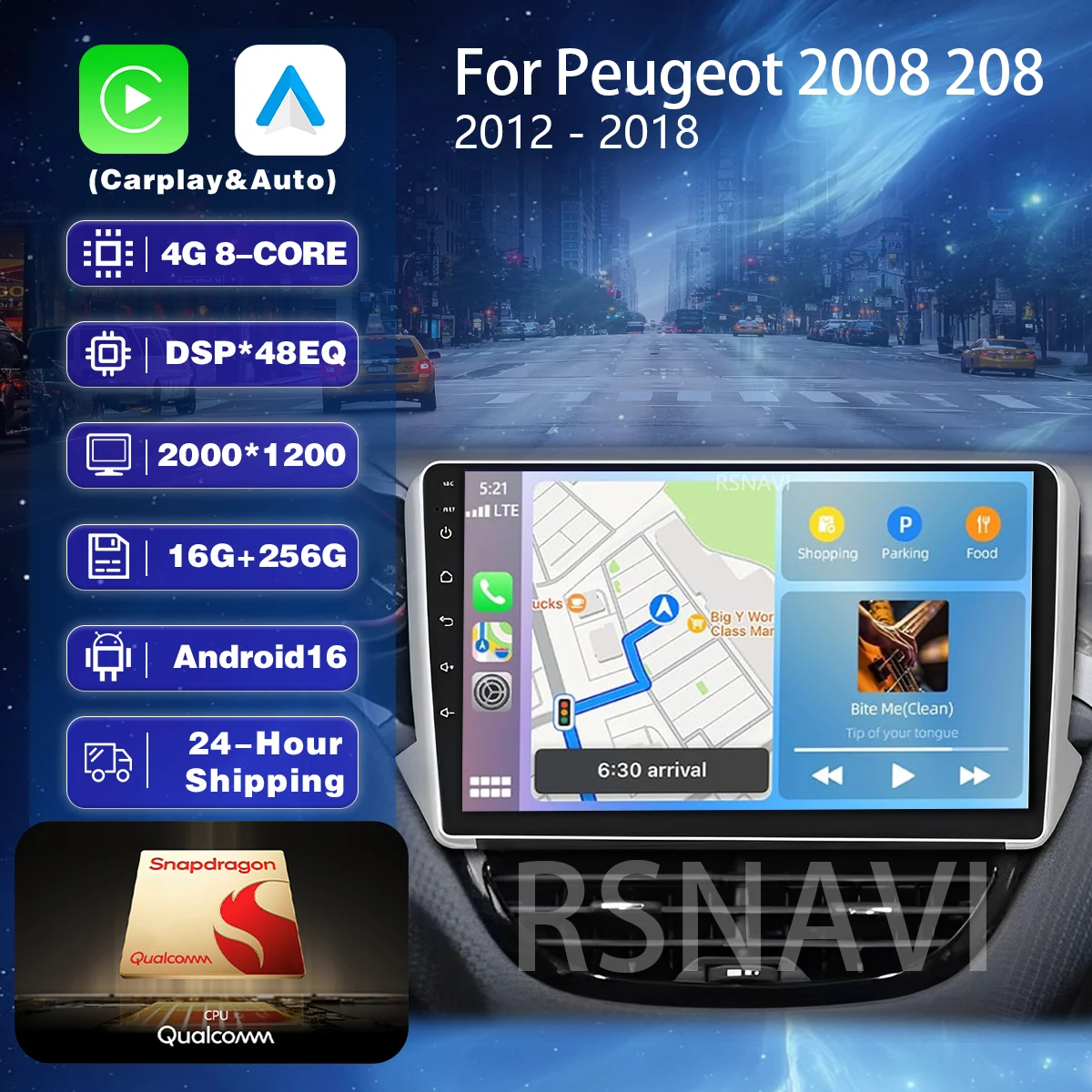 Reproductor multimedia de navegación Carplay Android 16 Plug and Play para Peugeot 2008 208 Serie 2012-2018, estéreo para auto, radio para auto con video.