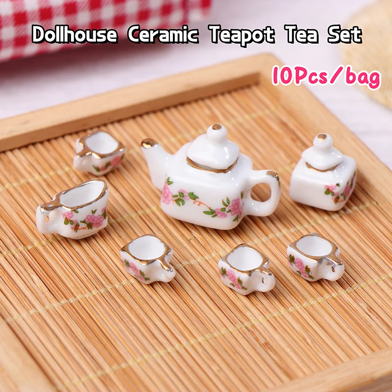 1Set 1:12 Dollhouse Miniature Ceramics Teapot Tea Set Mini Ceramic Kungfu Tea Set Kettle Cup Tableware Model Kitchen Decor Toys