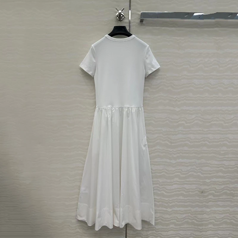 Damesjurk met ronde hals en korte mouwen, gesplitste slanke taille T-shirt lange jurk, hoogwaardige katoenen jurk, zomer, nieuw, 2025