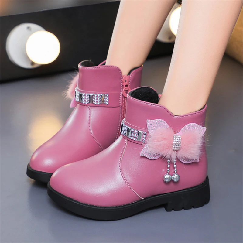 Winter New Children\'s Shoes Girl Mid Length Warm Leather Boots Baby Bow Cute  Plush Student  Cotton Boots