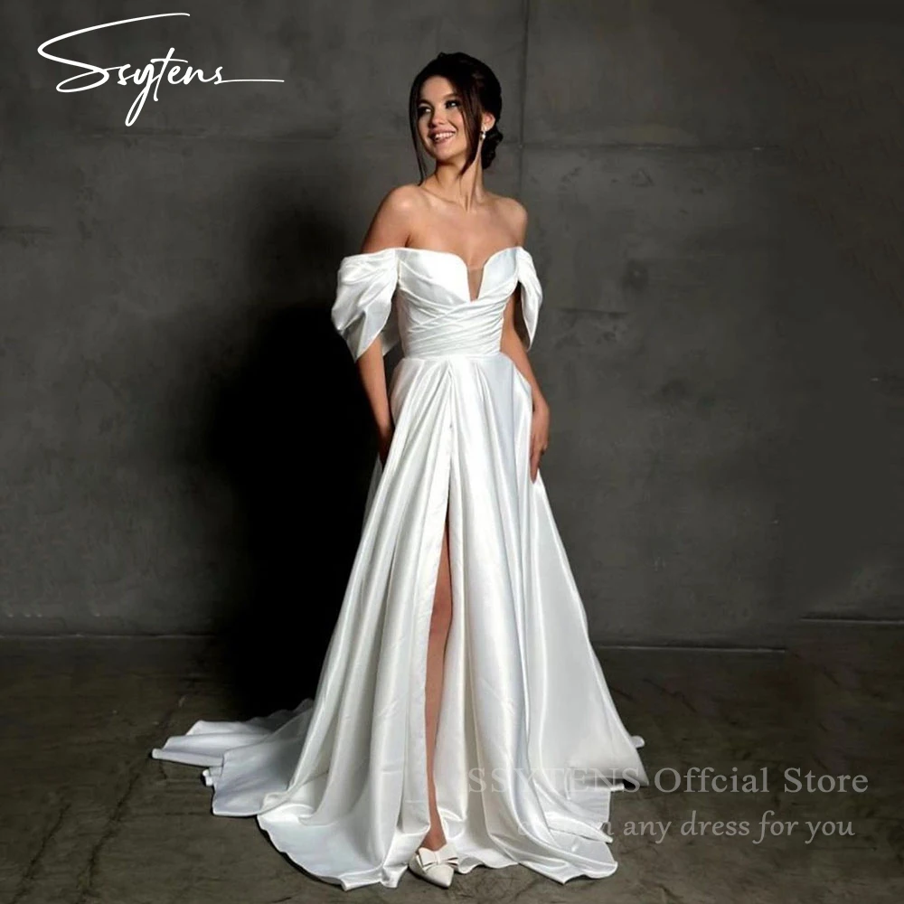 

SSYTENS Formal Wedding Dresses A Line Side Slit Simple Off The Shoulder Pleated Customized Civil Bridal Gowns Rode De Morrie