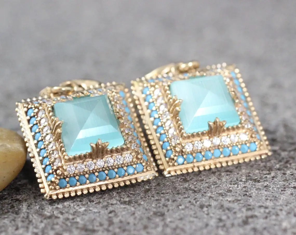 Gorgeous Princess Square Blue Green Zirconia Dangle Earrings for Women Gold Color Boutique Jewelry Party Wearing