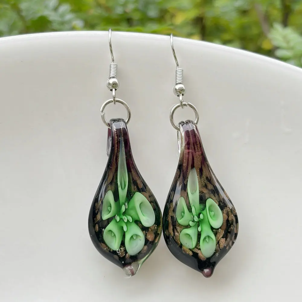 Handmade Murano Lampwork Glass Water Drop Earrings Inlaid 3D Flower Dangle Hook Earrings Vintage Ethnic Bohemian Jewelry Gift