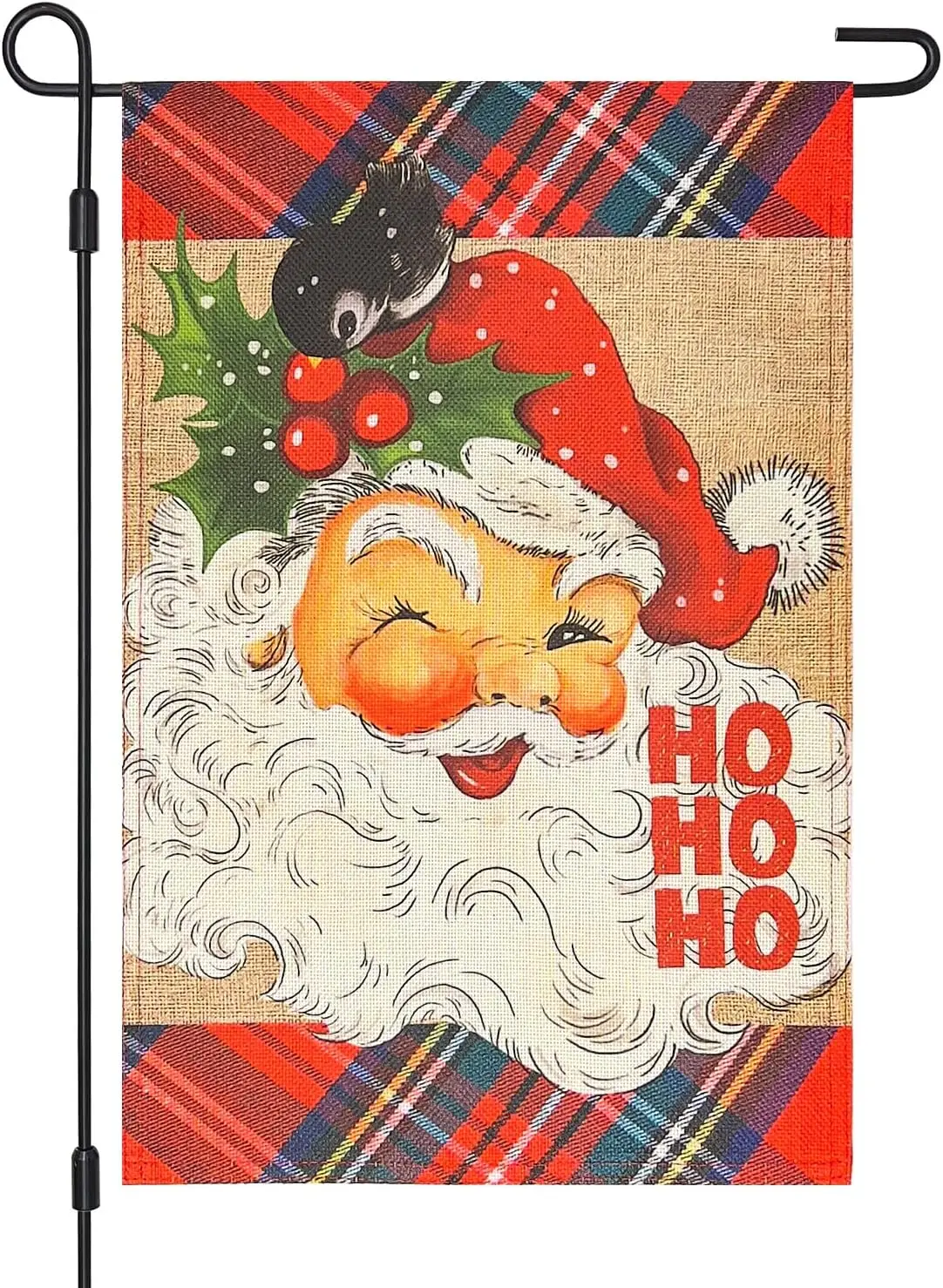 Santa Claus Christmas Garden Flag Double Sided 12×18 Inch Burlap,Holly Leaf Berries Small Bird Ho Ho Ho Red Tartan Stewart Check