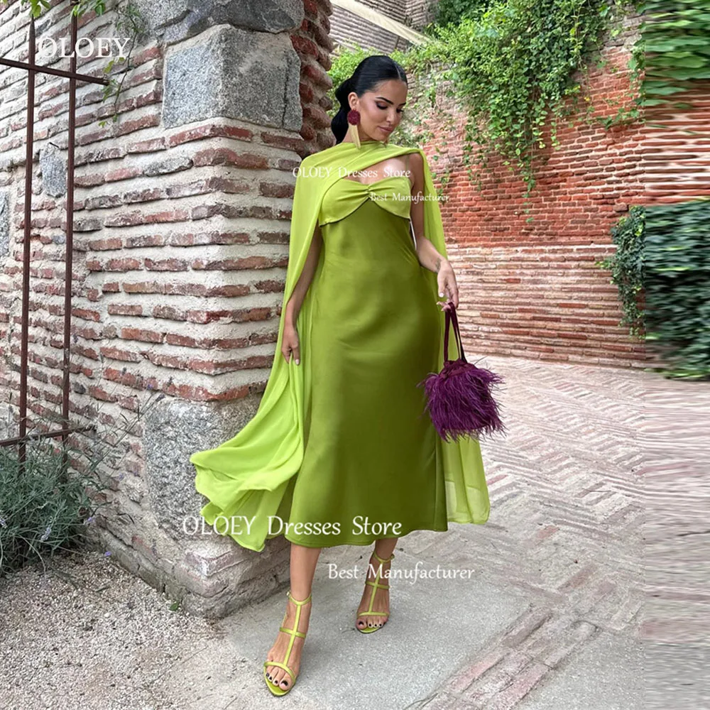 

OLOEY Sexy Sweetheart Green Evening Party Dresses With Jacket Spaghetti Straps Silk Tea Length Prom Gowns Summer Beach Skirt