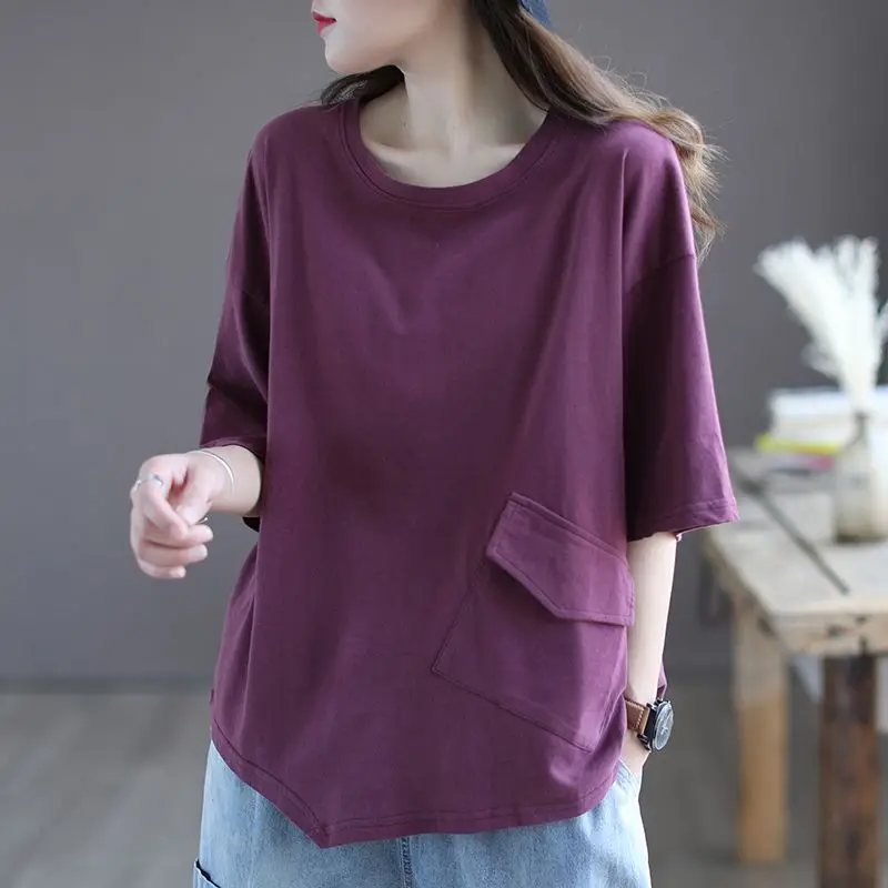 Street Casual O-neck Loose Tops Tees Summer New Asymmetrical Short Sleeve Solid All-match T Shirts Fashion Vintage Women Clothes - Image 5