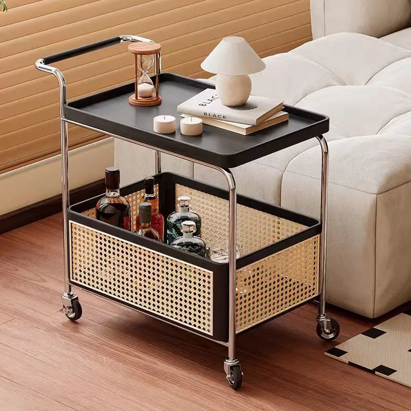 

Medieval style solid wood edge table removable storage rack ins wind rattan coffee table side cabinet bedroom simple cart