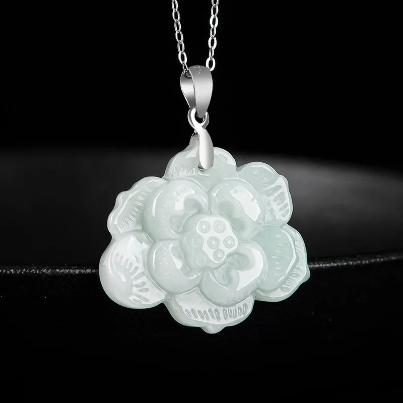 Natural Jadeite Lotus Pendant Ice S925 Silver Inset Necklace Simple Fashion Women Jewelry Party Designer Gift  Jade Necklace