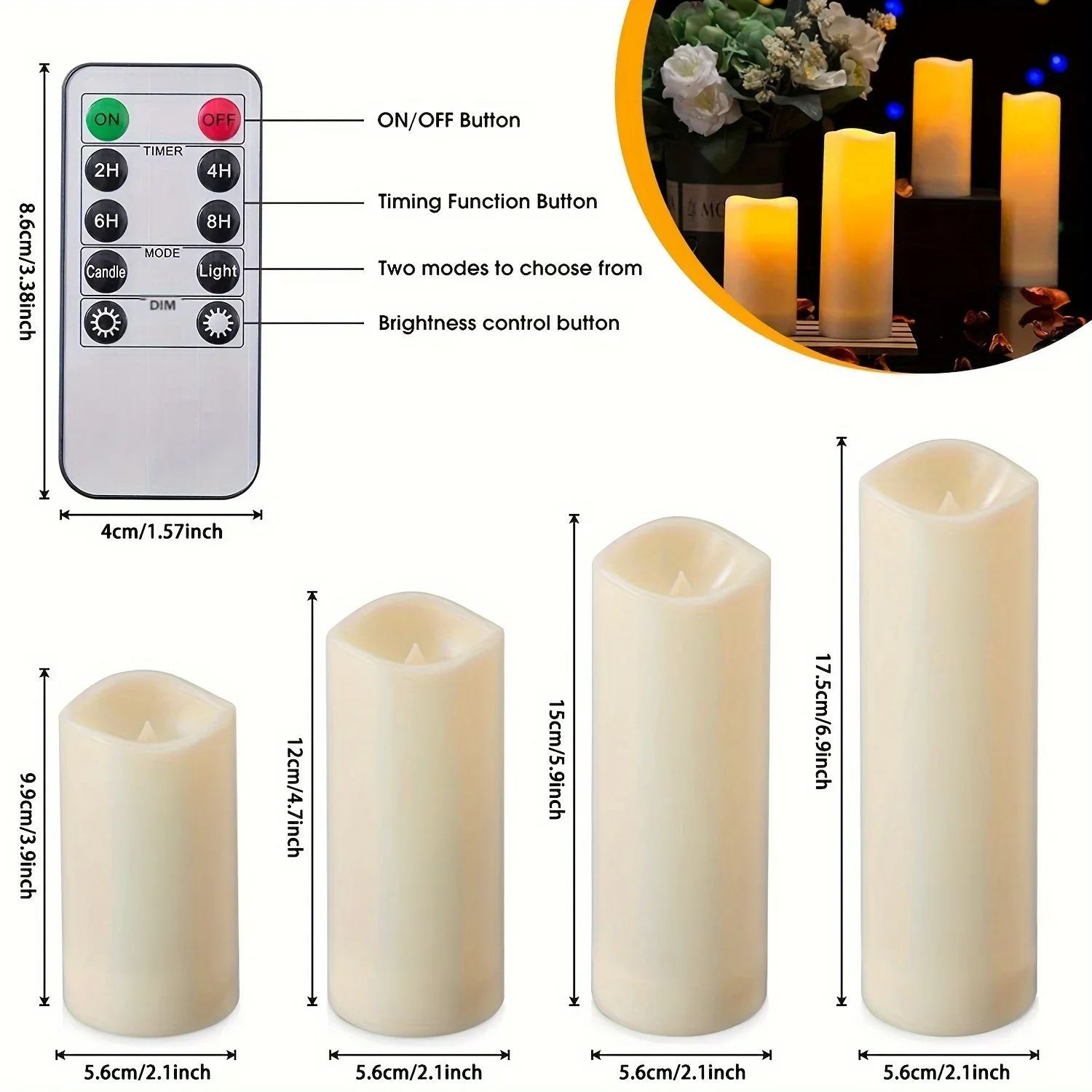 Flameless Candles With Remote, 2/4/6/8H Timer, Outdoor Indoor Waterproof Remote Control Candles Battery Operated,