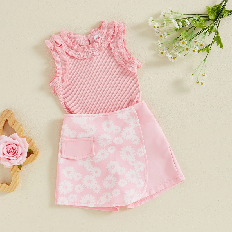 Little Girl Summer Outfit Solid Color Ribbed Frill Ruffled Round Neck Tank Tops with Daisy Pattern Shorts