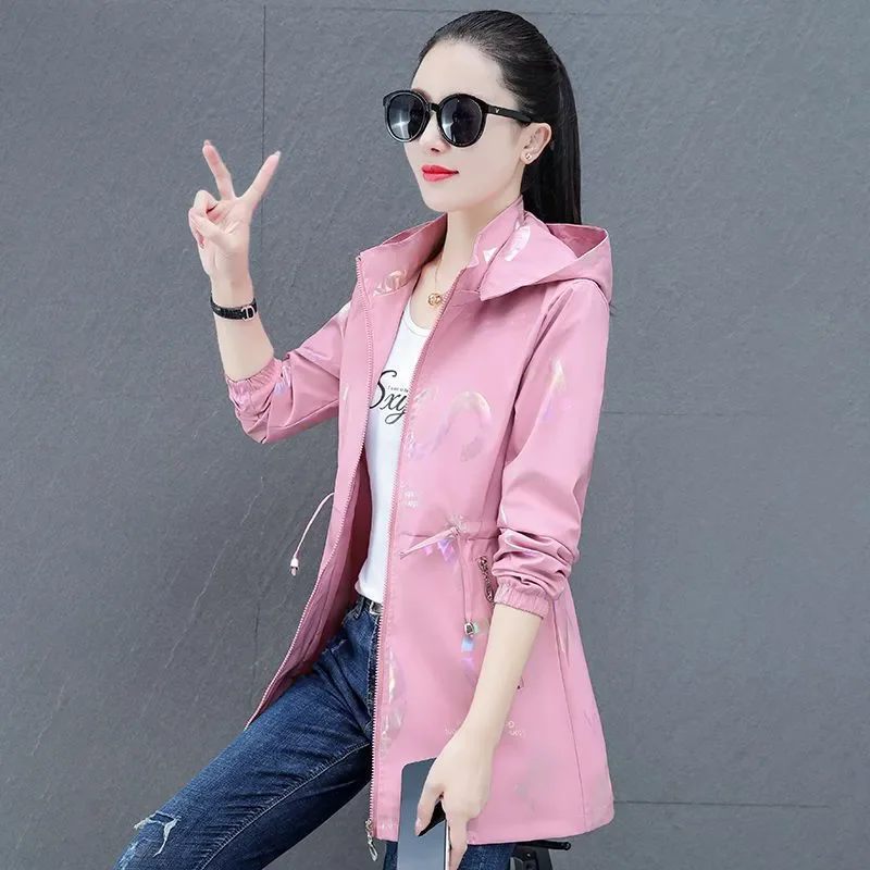 Mid-Length Print Coat Female Spring Autumn 2025 New Fashion Hooded Zipper Jacket Casual Windbreaker Female Loose Outerwear B667