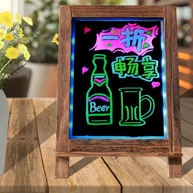 

Настольная электронная флуоресцентная доска, кронштейн из цельного дерева, мини-орлборд, магазин супермаркетов, светящийся экран, рукописная печать