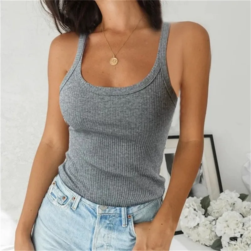 Léto úplet tílko nejvyšší bez rukávů ženy sexy základní camisole T košile bílá pryč rameno žebrované černá komora nejvyšší ležérní O krk tees