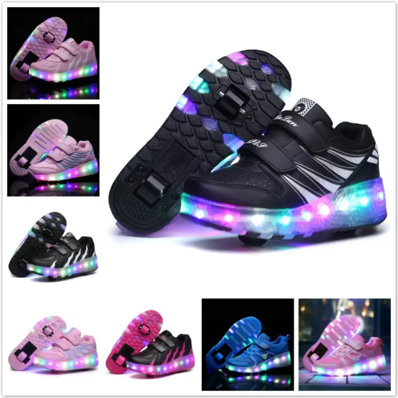 Children LED Flashing Luminous Double Wheels Roller Skating Shoes Boys Girls Glowing Roller Skates Sneakers Male Female Adult