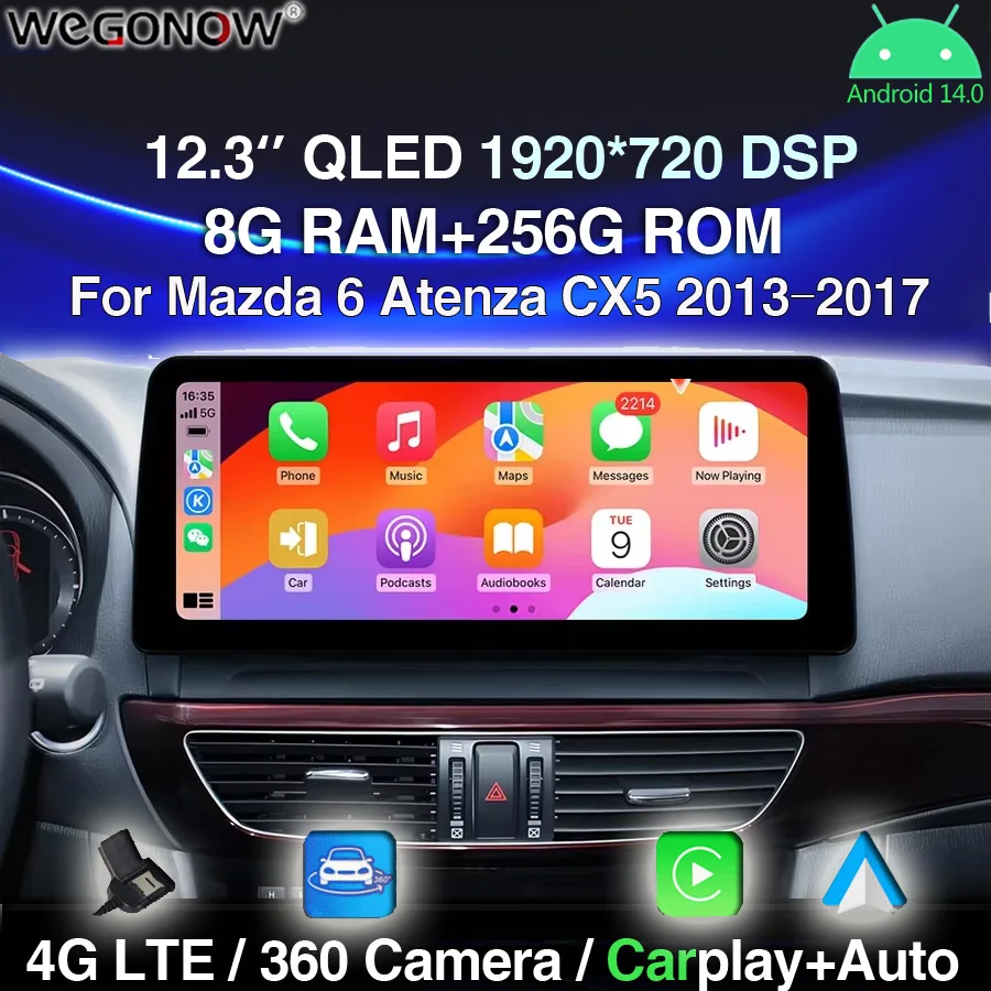 QLED 1920*720 LTE Carplay Auto Android 14.0 8GB+256GB Car DVD Player GPS WIFI Bluetooth Radio For Mazda 6 Atenza CX5 2013-2017