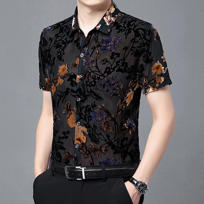 Carving Flowers Smart Casual High-End Luxury Short Sleeve Shirt Men Summer New Quality Velour Hollow Breathable Camisa Masculina