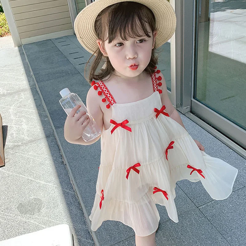 

Fashion Clothing for Children Square Collar White Bow Patchwork Sleeveless Kids Summer Sweet Camisole Midi Girl Princess Dress