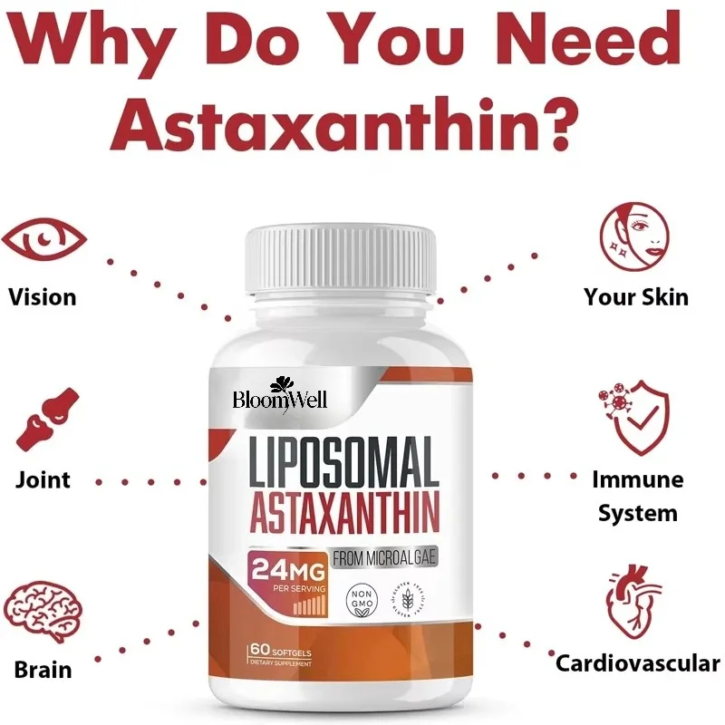 Liposomal Astaxanthin Supplement 24mg, Maximum Absorption, Stronger Antioxidant Than Vitamin C, Non GMO, Gluten Free