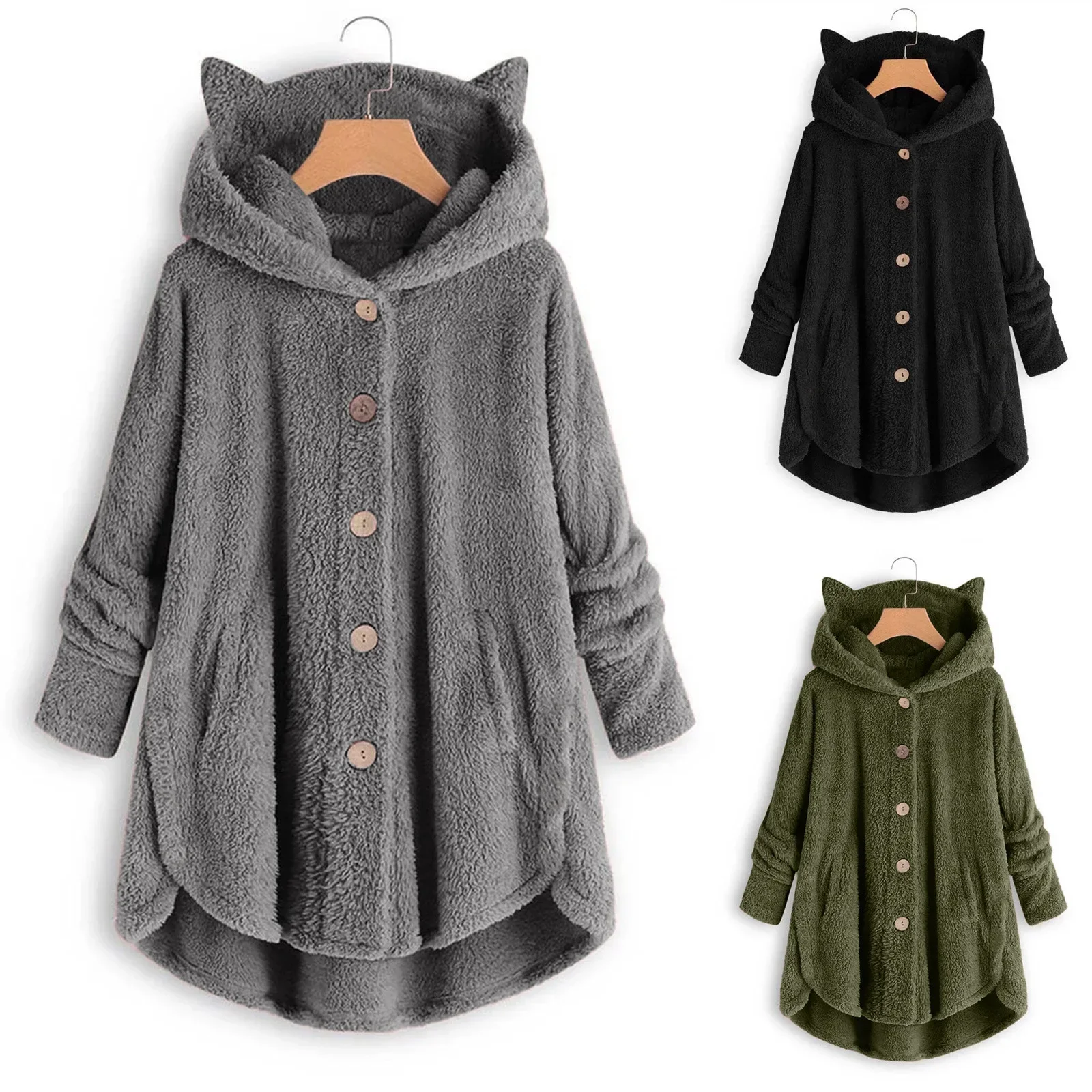 Fashionable Women's Autumn/Winter Jacket EBay Amazon Plush Top European Style Buttoned Trendy Solid Color Hoodies Sweatshirts