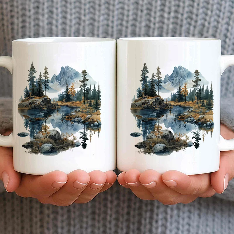 Mountain Lake Forest Reflection Colorful Print Ceramic Coffee Mug 11oz 350ml Personalized Custom Cute Aesthetic Mug Microwave Sa