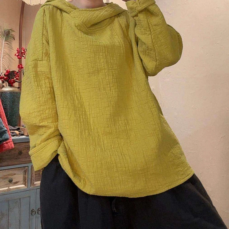 

Новинка 2026 года: Женские повседневные хлопково-льняные топы и футболки с капюшоном в художественном стиле, с длинным рукавом, модель Y89