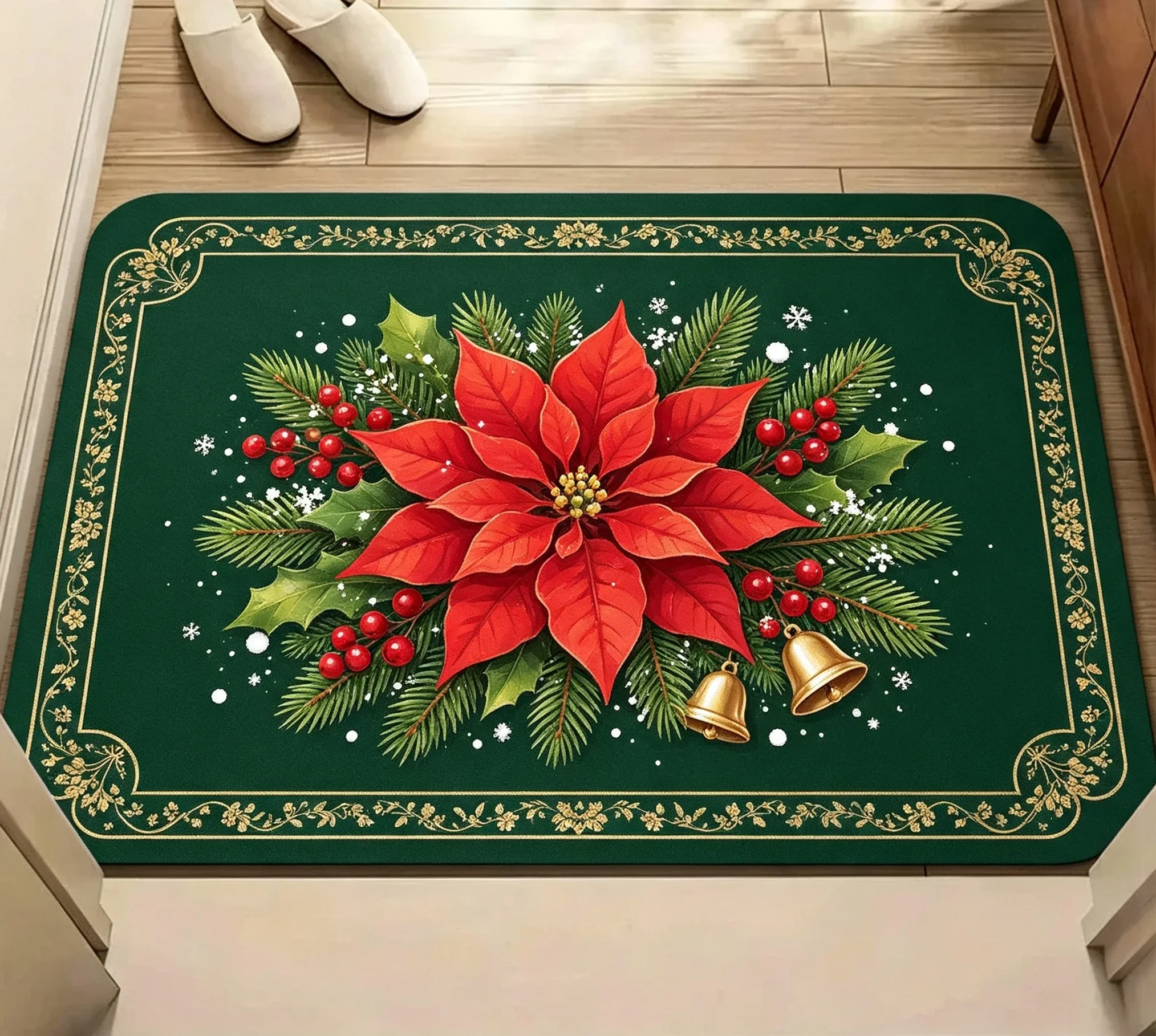 Festive Poinsettia Gold Border Bell Deep Green Doormat For Holiday Entryway Non Slip Welcome Floor Mat Accent