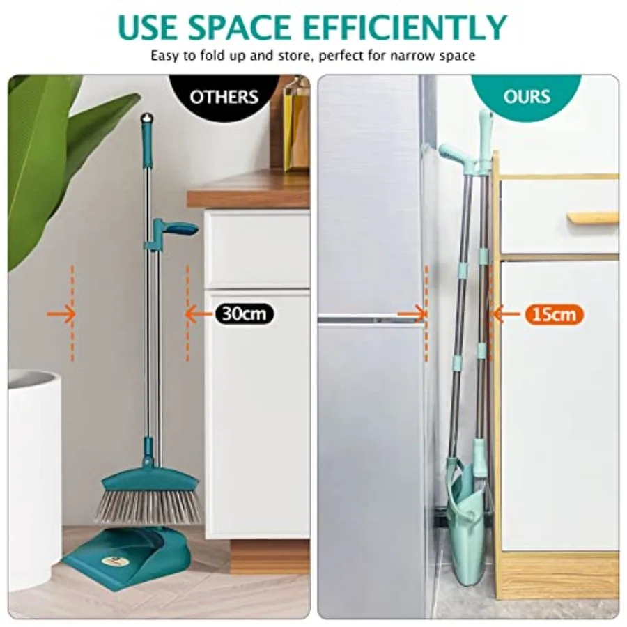 مجموعة مكنسة ومجارف مع أسنان تنظيف 55 مجموعة كنس داخلية بمقبض طويل للمنزل والمكتب والمطبخ باللون الأخضر المزرق الفعال F #5