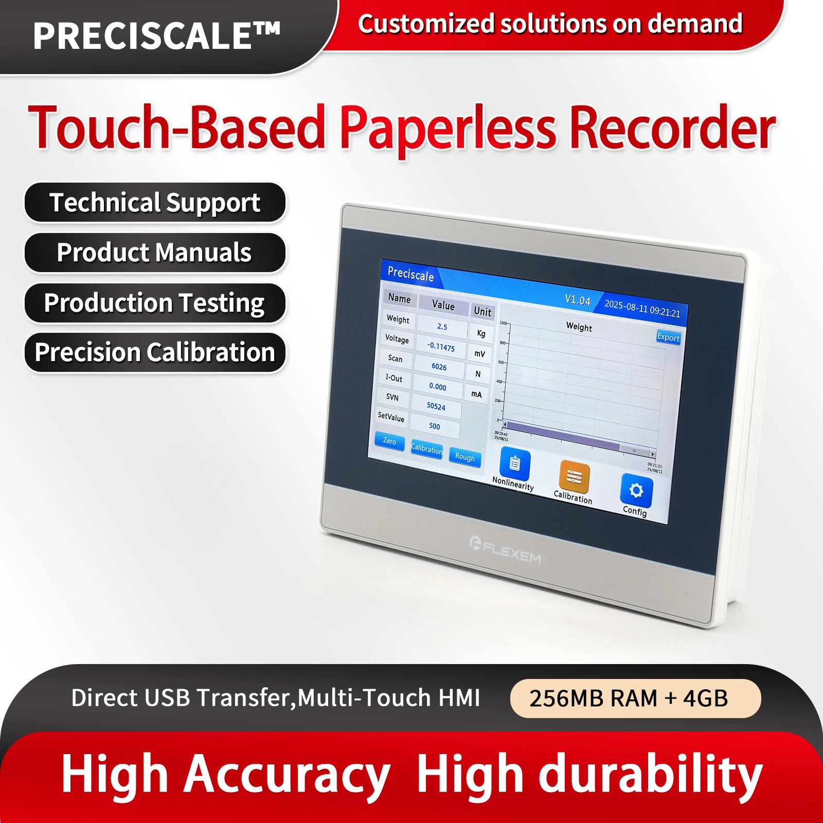 

Безбумажный регистратор данных для тензодатчиков с сенсорным экраном, 7-дюймовый дисплей, экспорт через USB, без калибровки по гирям, RS485 Modbus