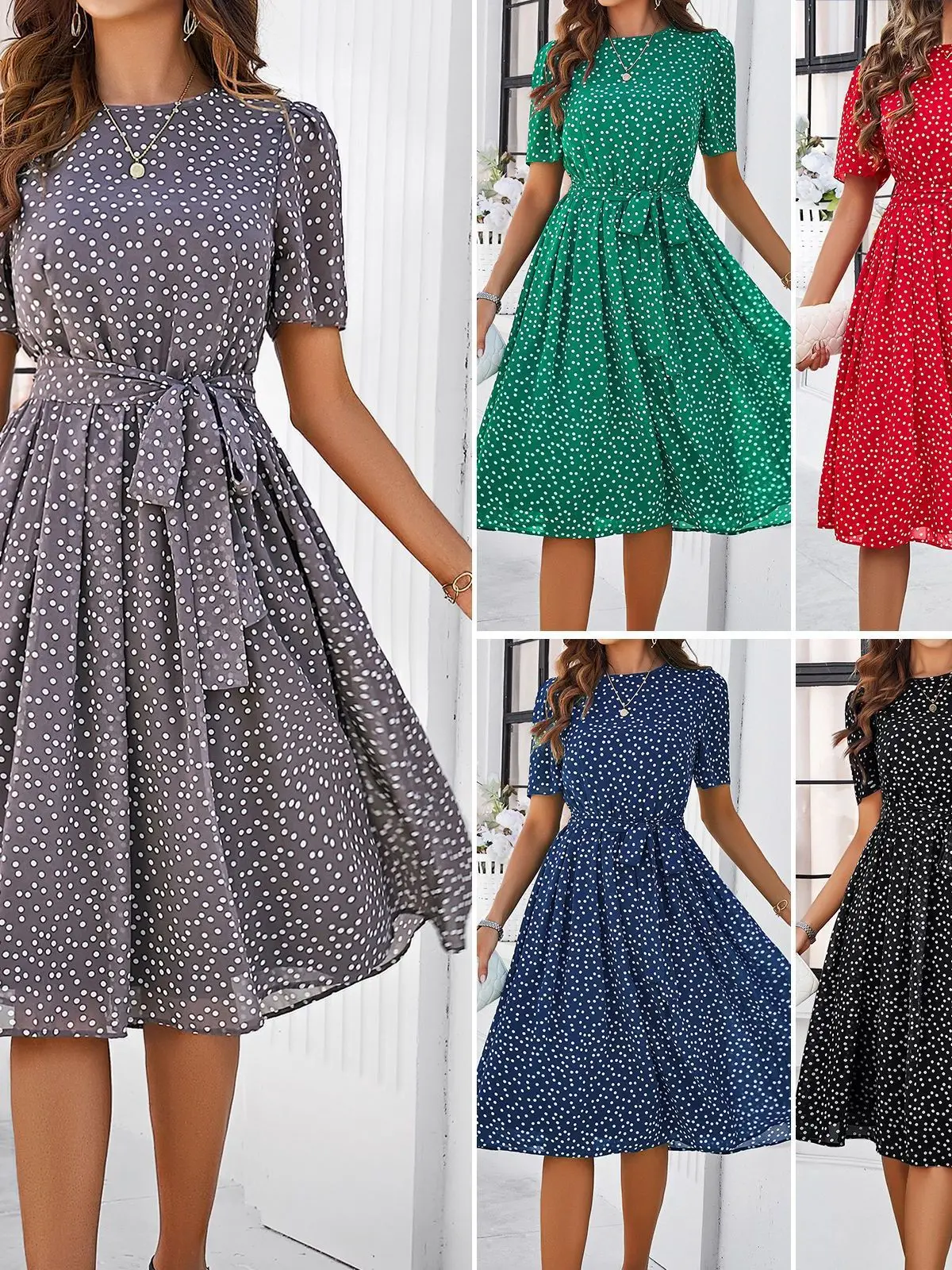 Décontracté à pois cravate longue Dr Street Sle épissure taille irrégulière taille moyenne doux Polyester été t-shirt quart Sve Midi Dr