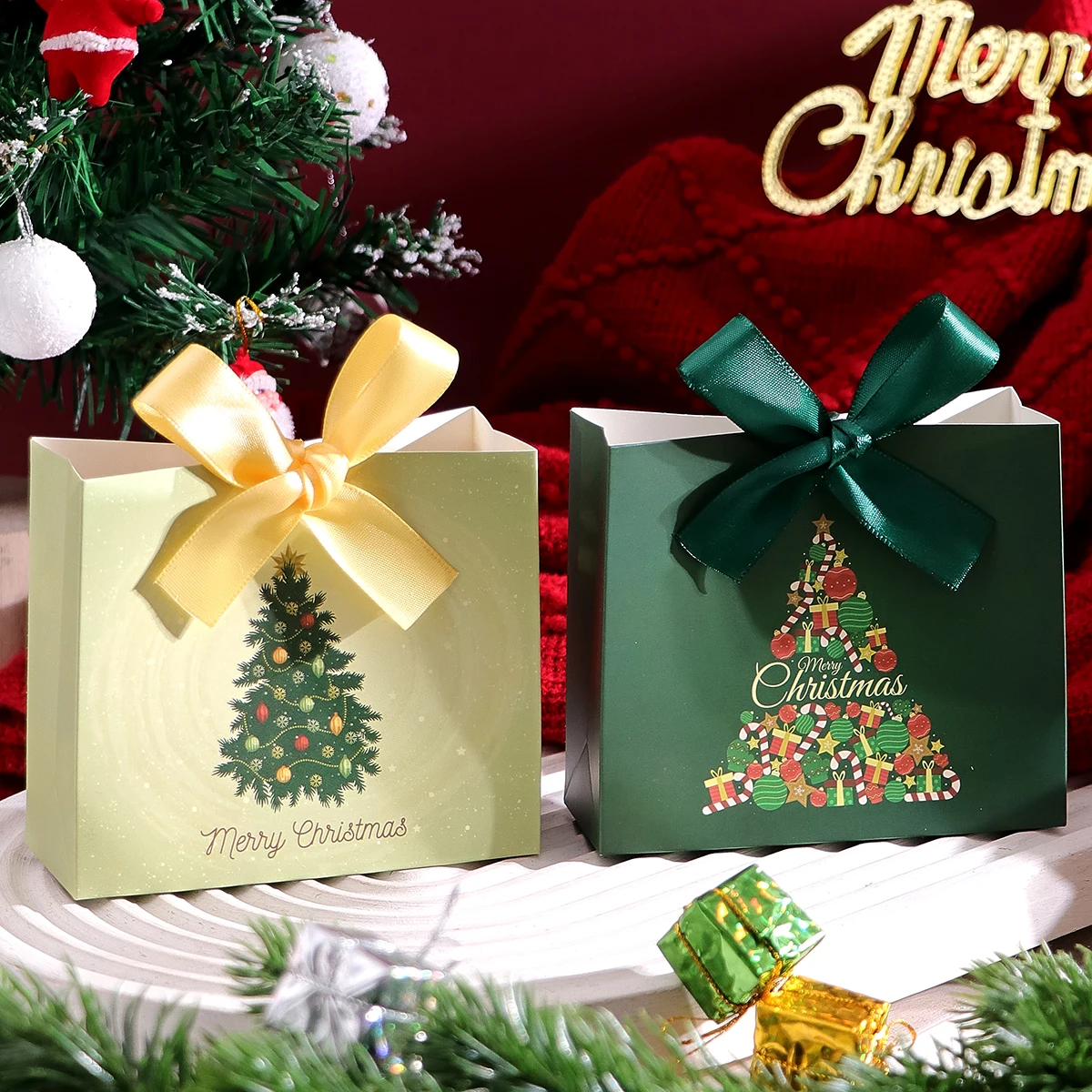 Pack of 10 Festive Christmas Mini Gift Bags with Ribbons - Colorful Design Featuring Christmas Tree, Santa and Merry Christmas W