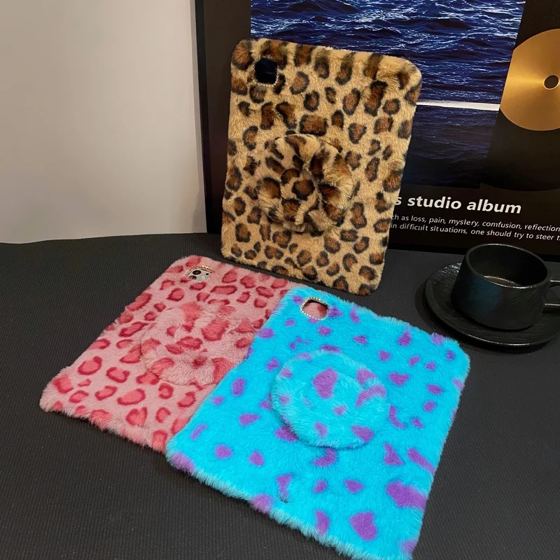 Leopard Print with 360° Pencil Holder Plush Tablet Case for iPad Mini 6/7 8.3 Air1/2 5/6 Pro 9.7in 2017/2018 Shockproof Cover