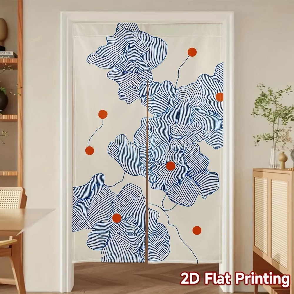 Blue Leaves Abstract Noren Door Curtain - 2D Flat Print Room Divider Hanging Drape for Festive Home Decor Creative Gifts