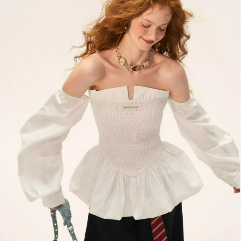 

2026 Autumn New Fashion White Elegant Waist-cinching Long-sleeved T-shirt Striped Checkered Strapless Bubble Skirt Top for Women