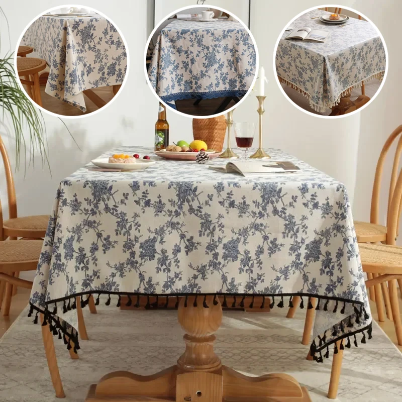 Floral Linen Cotton Tablecloth with Tassel Retro Nappe De Table Table Cover Dining Table Cover Tea Cloth Desktop Decoratio