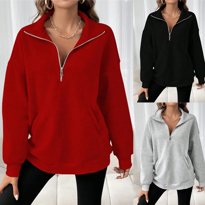 Spring Autumn New Women's Half Zip Stand Collar Long Sleeve Sweatshirt With Pocket Loose Versatile Casual Commute Daily Wear Top