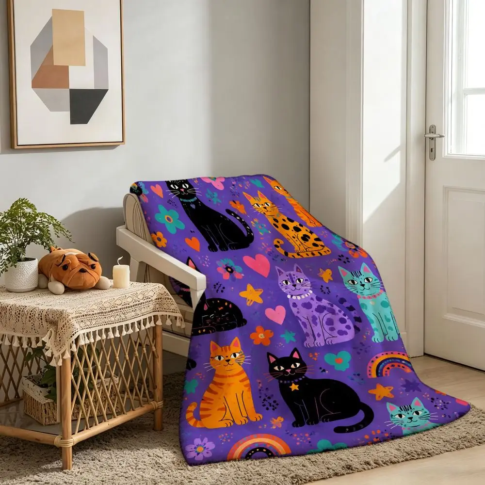 Boho Psychedelic Cat Pattern Fleece Throw Blanket with Colorful Cartoons Hearts Flowers Stars Rainbows Deep Purple Cozy Soft Warm for Sofa Bed Couch Travel Camping Office Home Decor